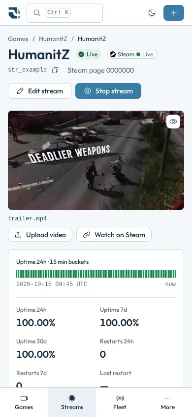 The HumanitZ stream page on a phone: the trailer on air, Steam live status and 100% uptime.
